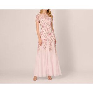Adrianna Papell Womens Floral Beaded Formal Dress Gown Blush Pink Size 14 NWT